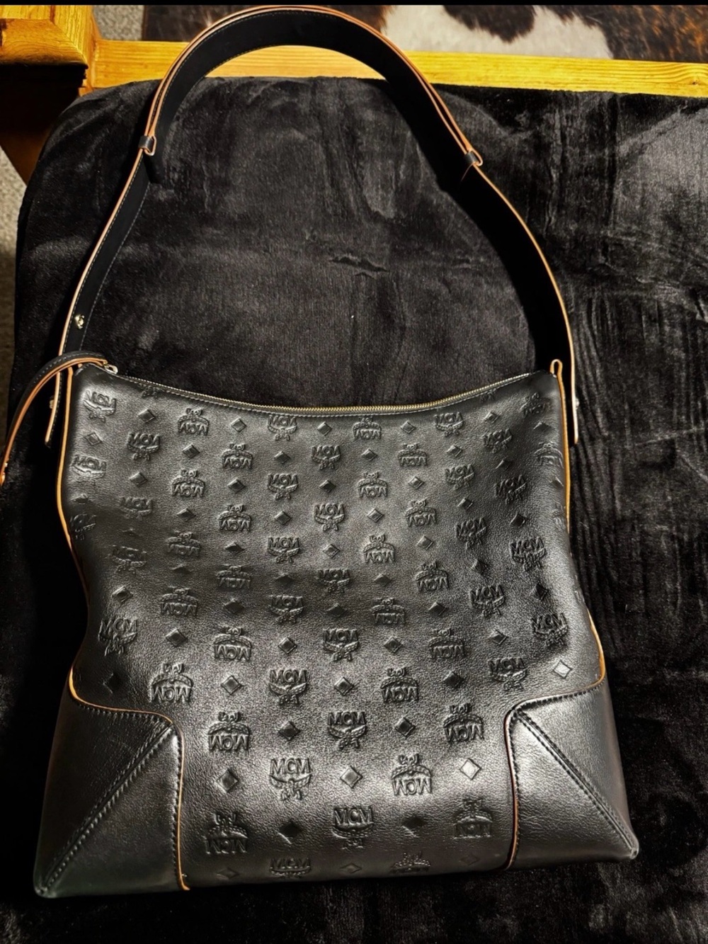 MCM Black Embossed Leather Messenger Bag with Tan Piping - Picture 2 of 3